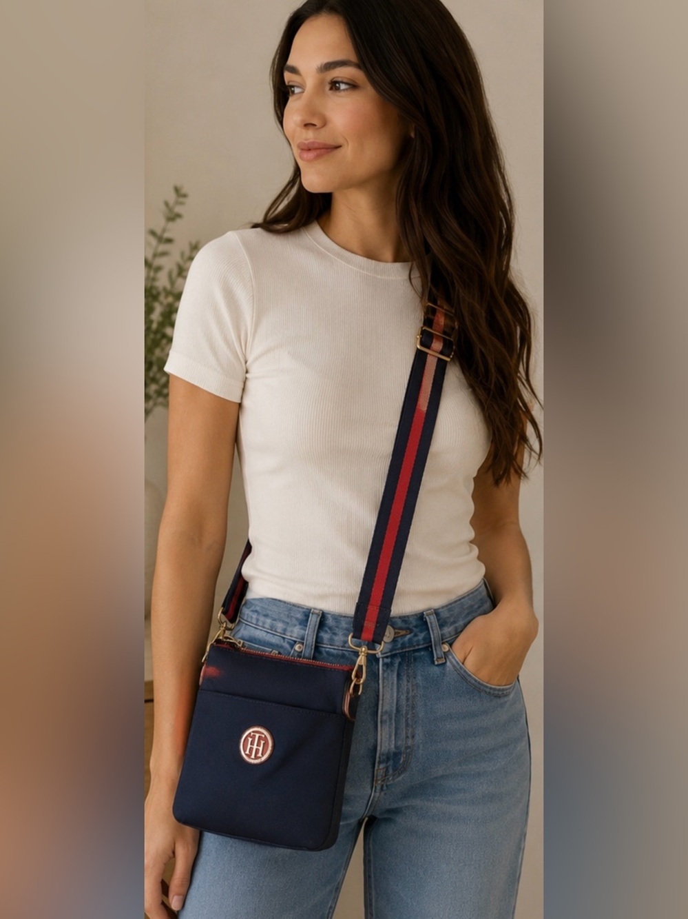 Authentic Tommy Hilfiger Navy Crossbody Bag with Red Accents